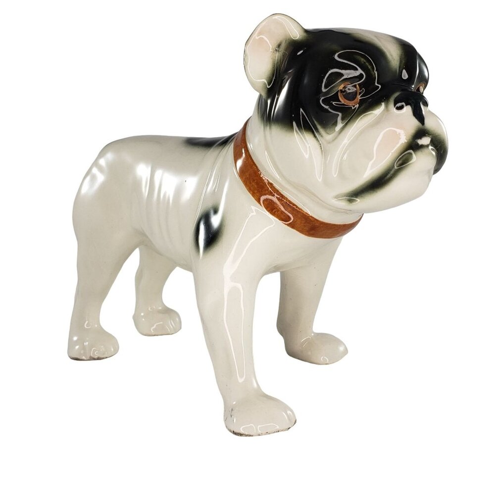 Vintage Bulldog Figurine Black White Dog Collar